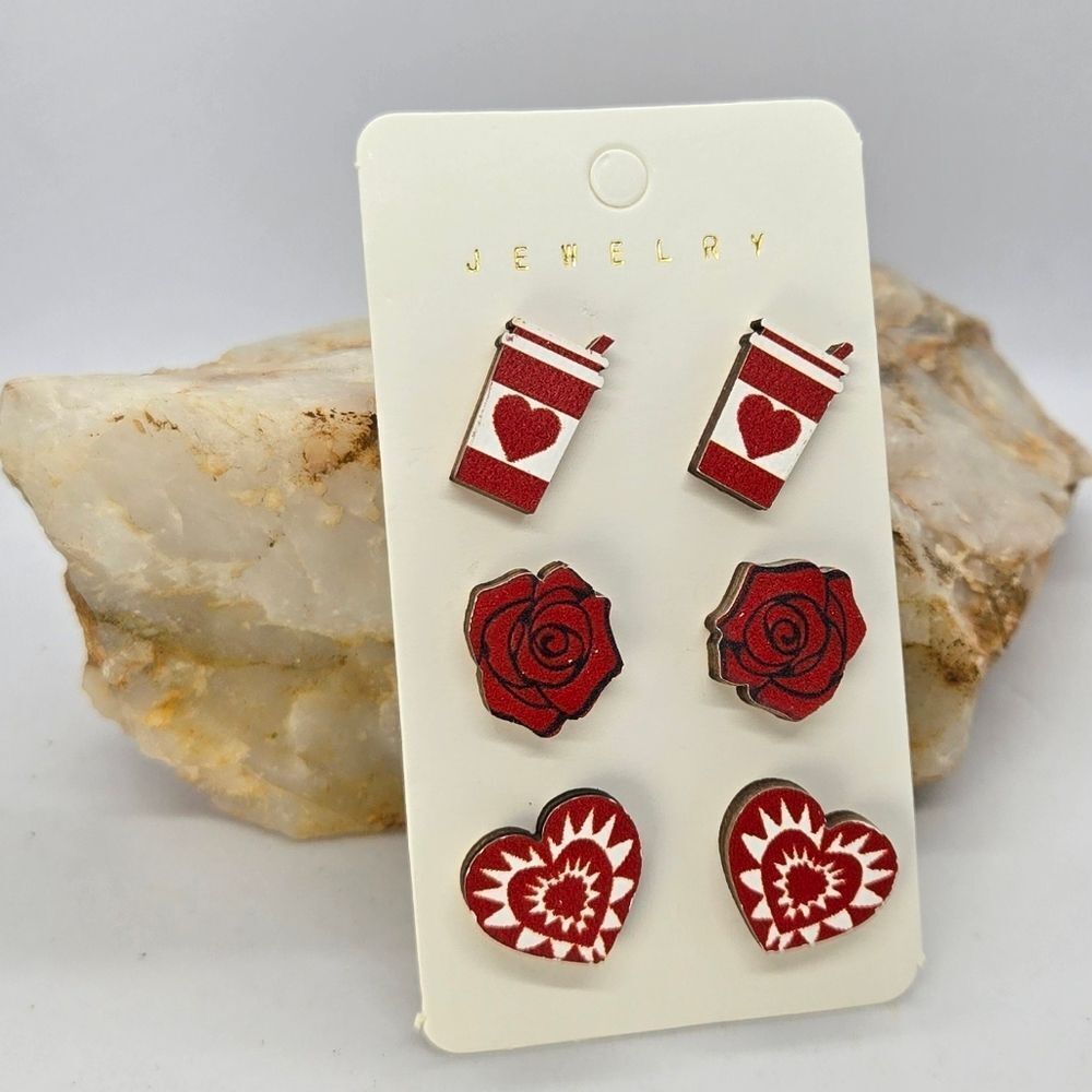 Wooden Stud Earrings 3-Pack | Red Rose, Coffee Cup & Heart Jewelry NWT Valentine